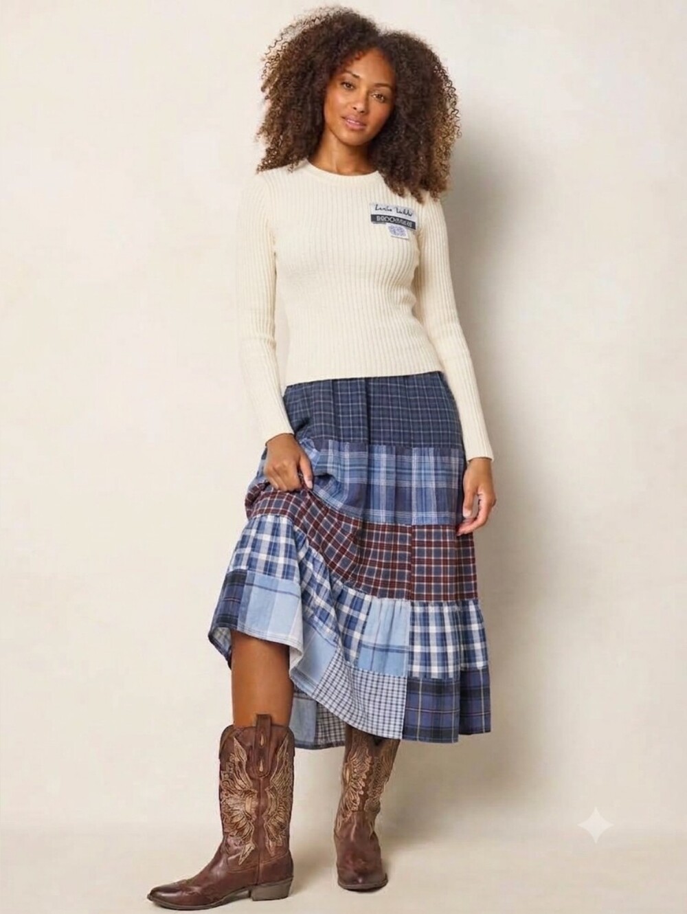 Broomskirt Women's Blue Patchwork Plaid Maxi Skirt
